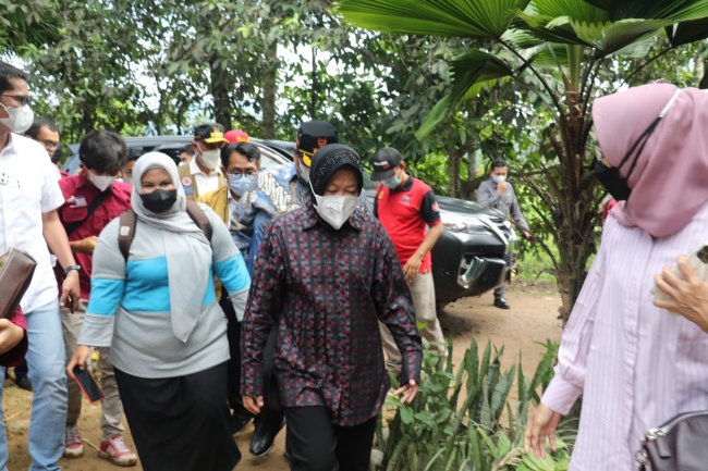 Prihatin, Mensos Risma Serahkan Bantuan dan Rekomendasikan Anak Korban Longsor Bekerja Dikemensos 