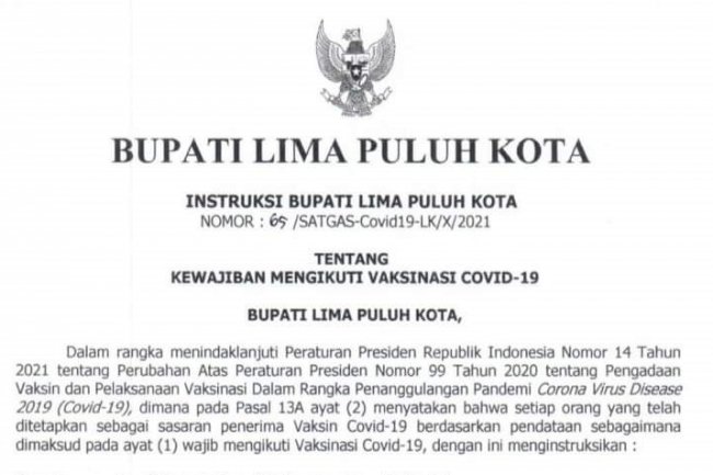 Bupati Limapuluh Kota Keluarkan Instruksi, Warga Mengurus Adminsitrasi Harus Menunjukkan Sertifikat Vaksin