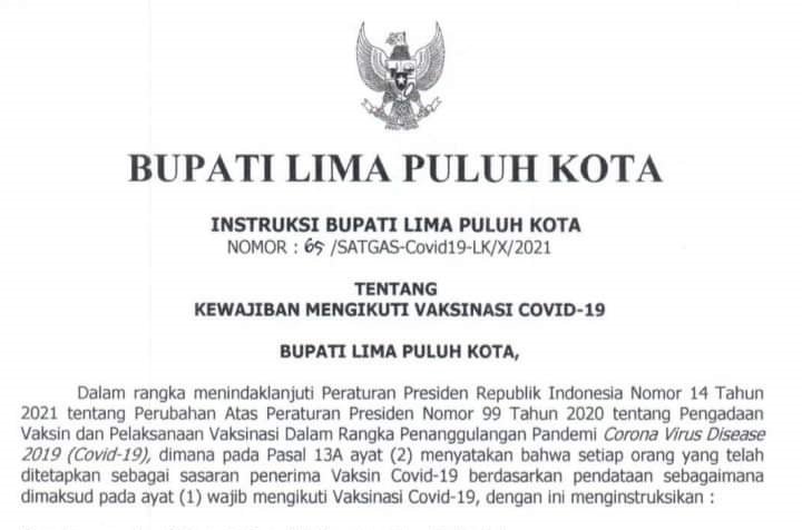 Bupati Limapuluh Kota Keluarkan Instruksi, Warga Mengurus Adminsitrasi Harus Menunjukkan Sertifikat Vaksin