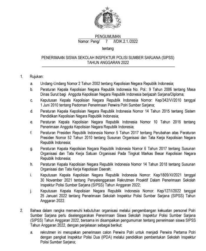 Polri Terima Siswa Sekolah Inspektur Polisi Sumber Sarjana (SIPSS), Begini Cara Daftar dan Persyaratannya